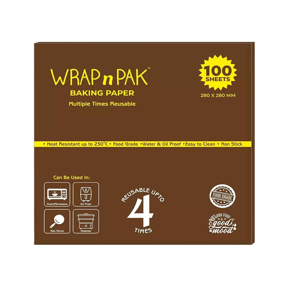 WRAP n PAK Baking Paper 4 Times Reusable Pre Cut 100 Sheets 11x11 Inch (27.94x27.94 cm) Heat Resistance Up To 230°C