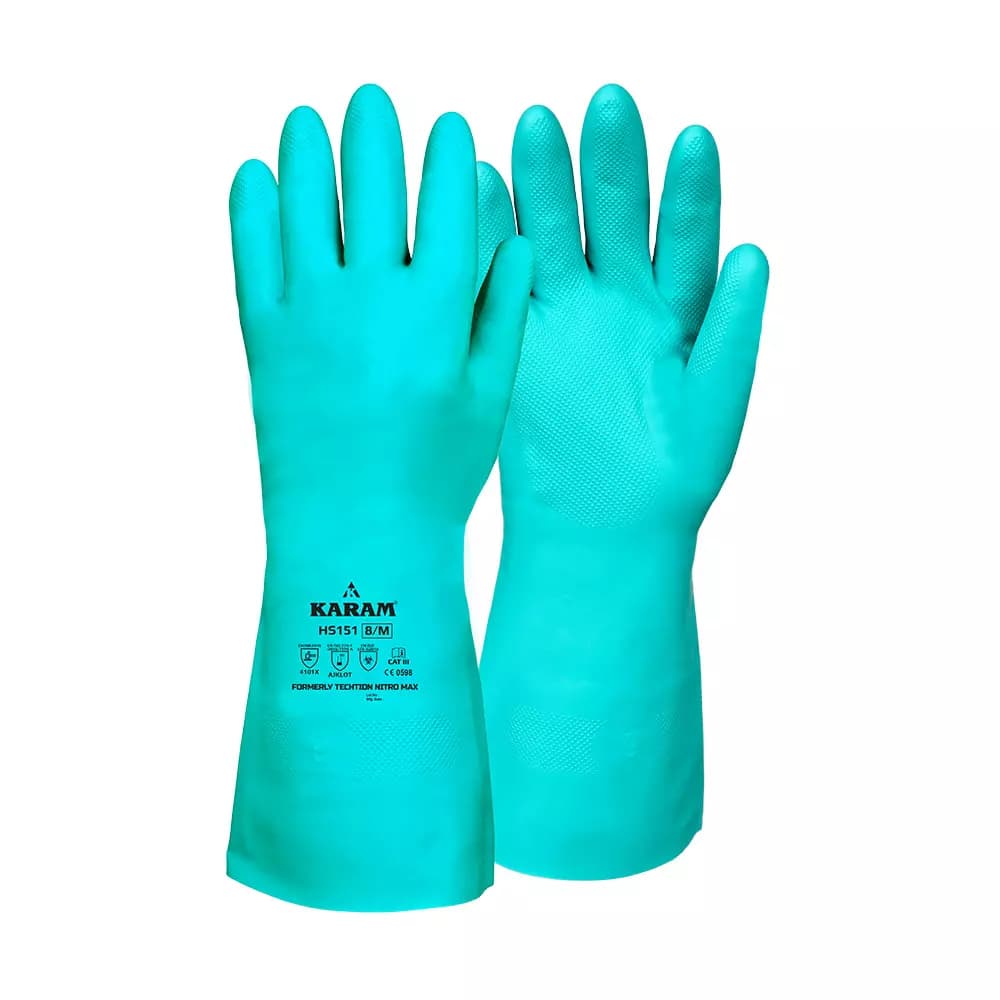 Karam Chemical Resistant Gloves Nitrile Coating Green 15 mil Liner Size L, HS151 (Pack of 5 Pair)