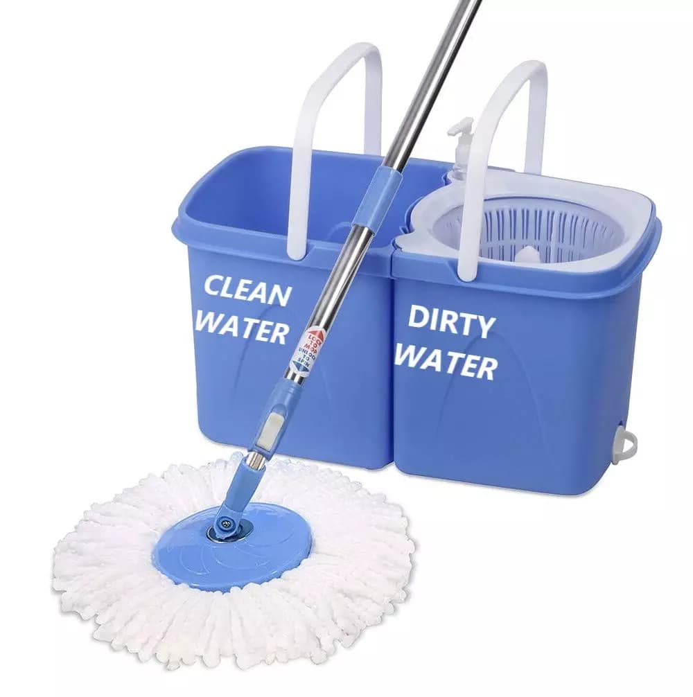 Gala Twin Bucket Spin Mop with Handle and 2 Microfiber Refills (White and Blue)