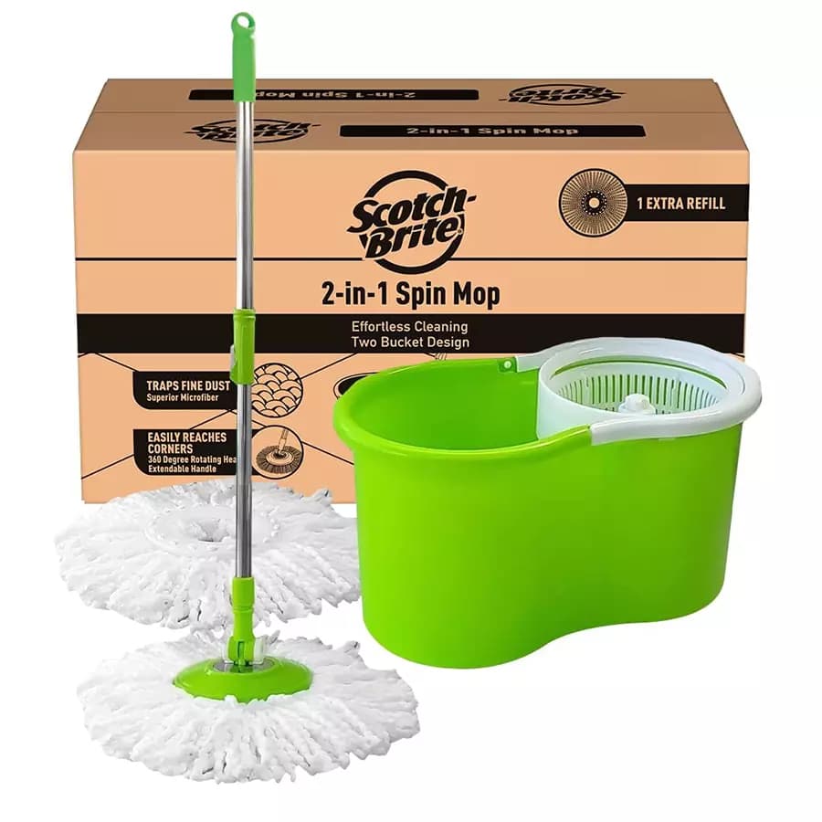 Scotch-Brite Plastic Microfiber Bucket Spin Mop with Handle Kit Green
