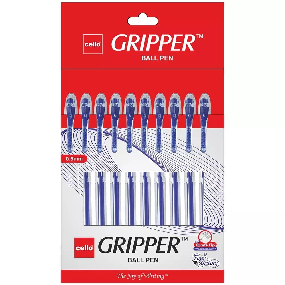Cello Gripper Ball Pen 0.5 mm Tip Cap Closure Type Blue Ink, 8907234013757 (Pack of 10)