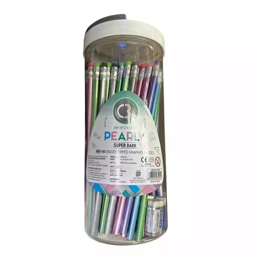 Doms HB Eraser Tipped Graphite Pencils (100 Pcs x 3) Box with Free Erasers, Multi Color