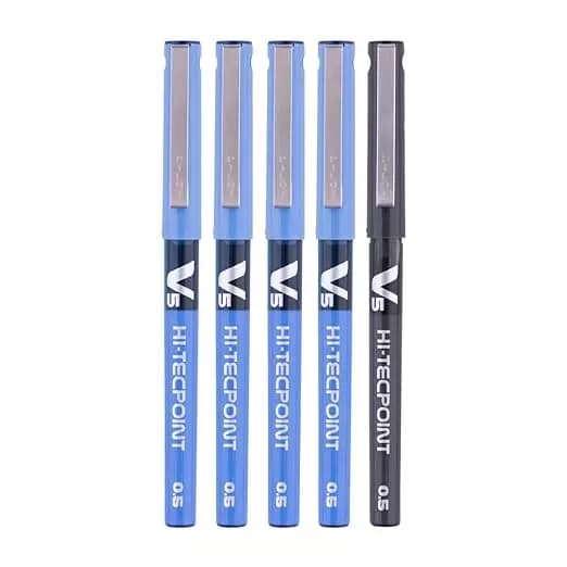 Pilot Hi-Tecpoint V5 0.5 mm Extra Fine Point Liquid Ink Roller Ball Pen, 4 Blue, 1 Black (Pack of 5)