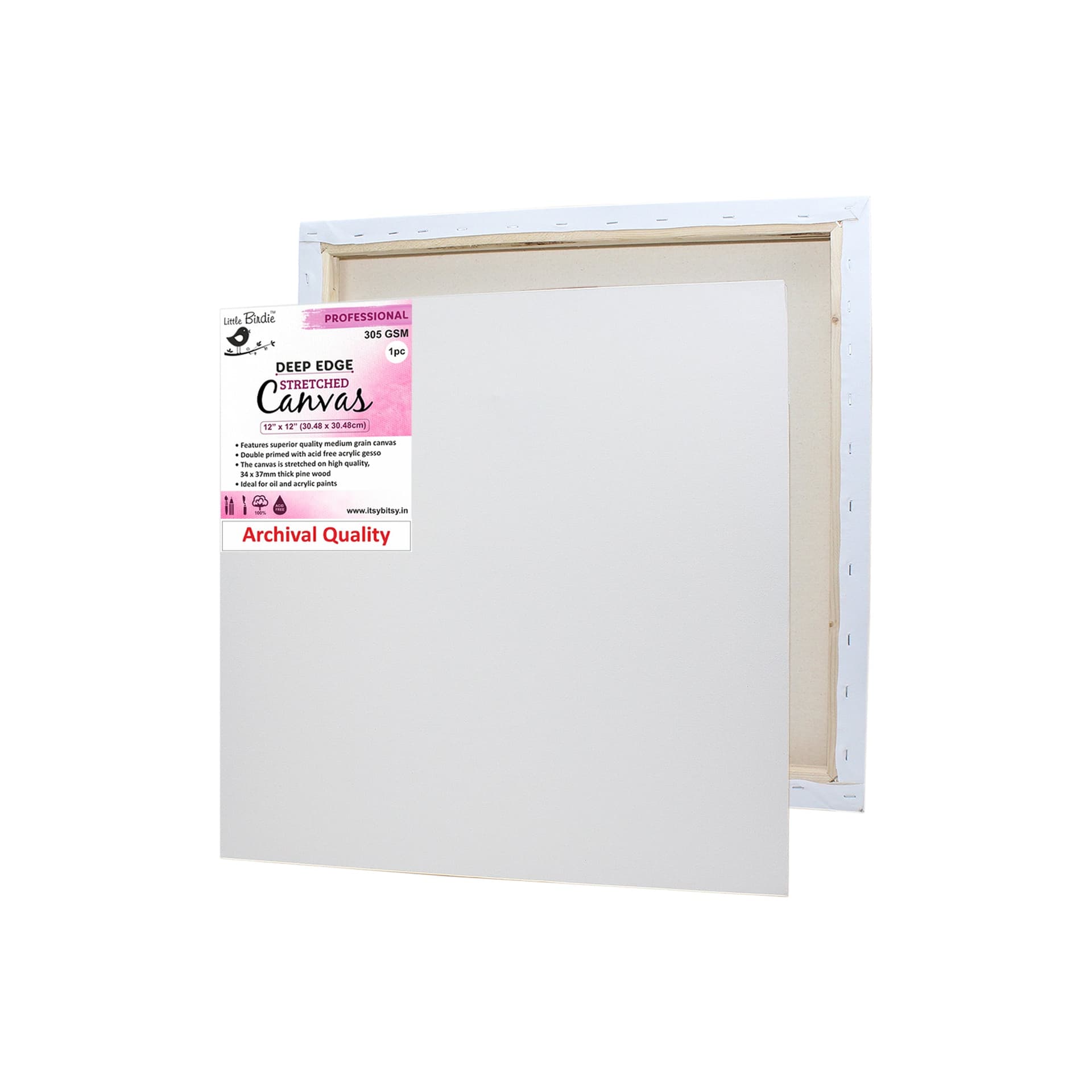 Stretched Canvas Deep Edge Frame 34X37Mm 305Gsm 12 X 12Inch 1Pc