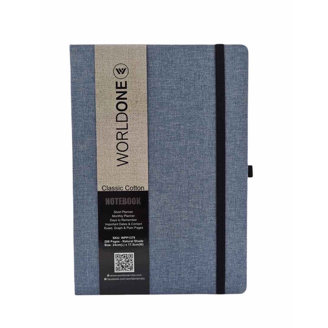 Worldone Cotton Cover Classic Notebook with Elastic Closure - A5- Blue