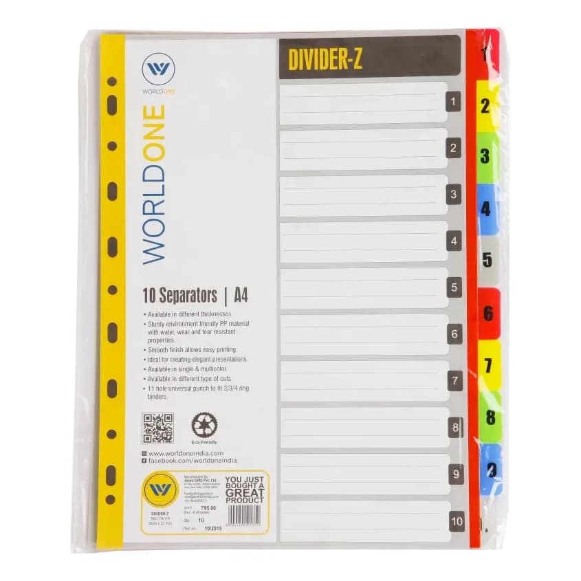 Worldone PP Divider 1 To 10 A4 Size (DV110) WO083OS62DXLINSTA-3648 (Pack of 10)
