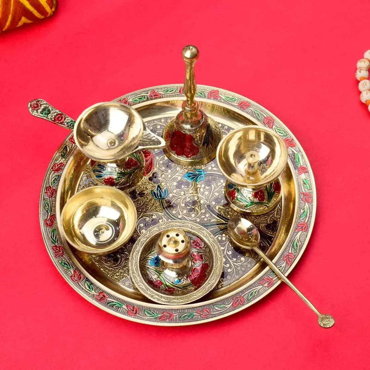 7 Pc Brass Puja Thali Set with Velvet Box (8 Inch)