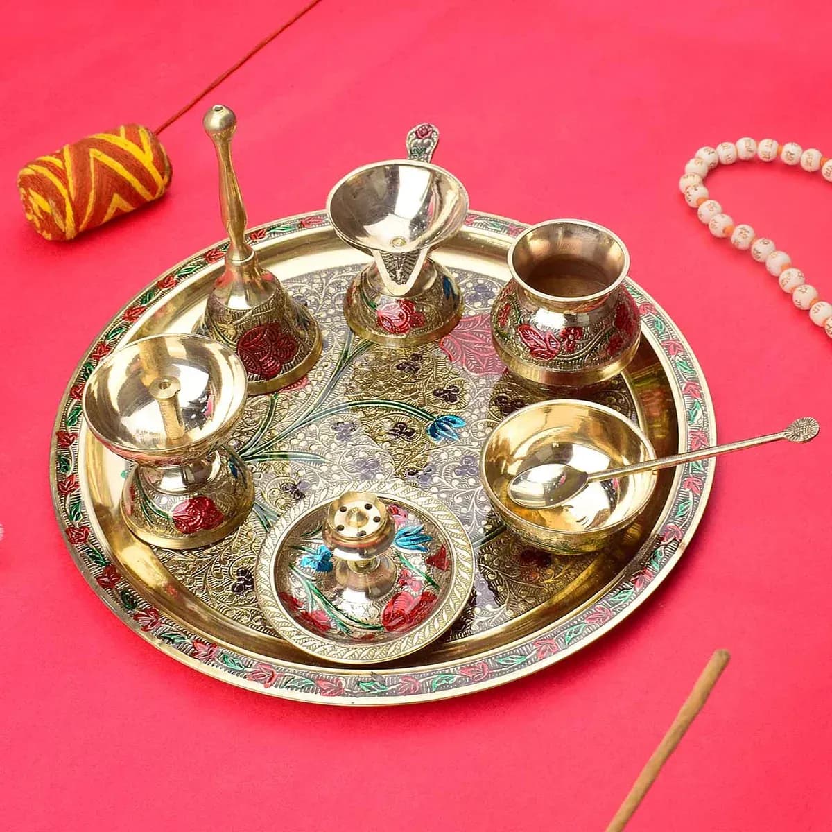 8 Pc Brass Puja Thali Set with Velvet Box (10 Inch)