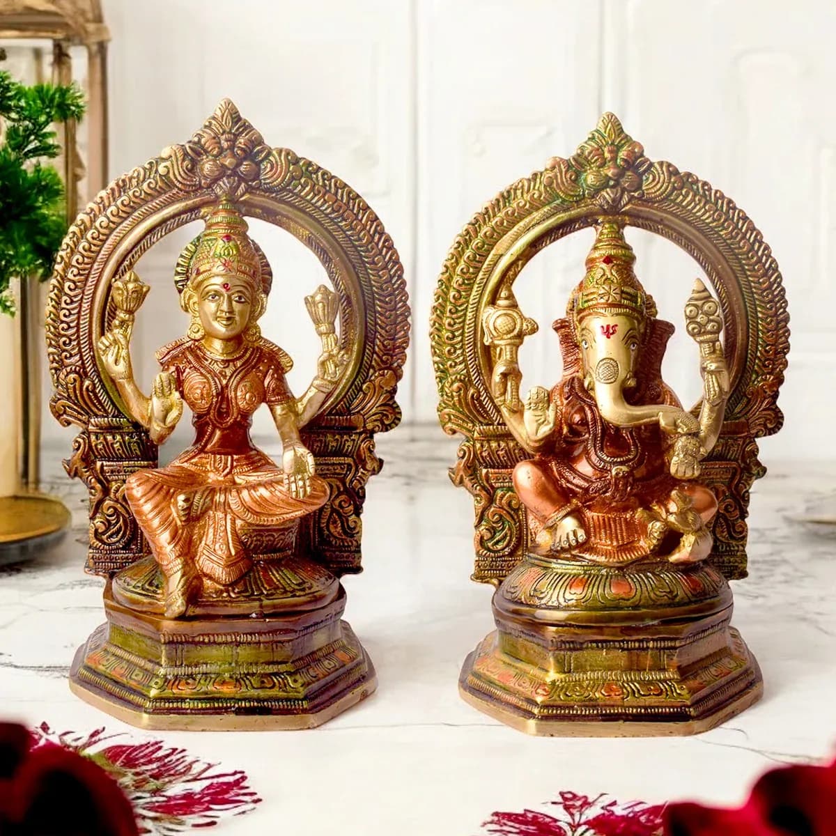 9.4 Inch Brass Lakshmi Ganesha Idol, Traditional Design