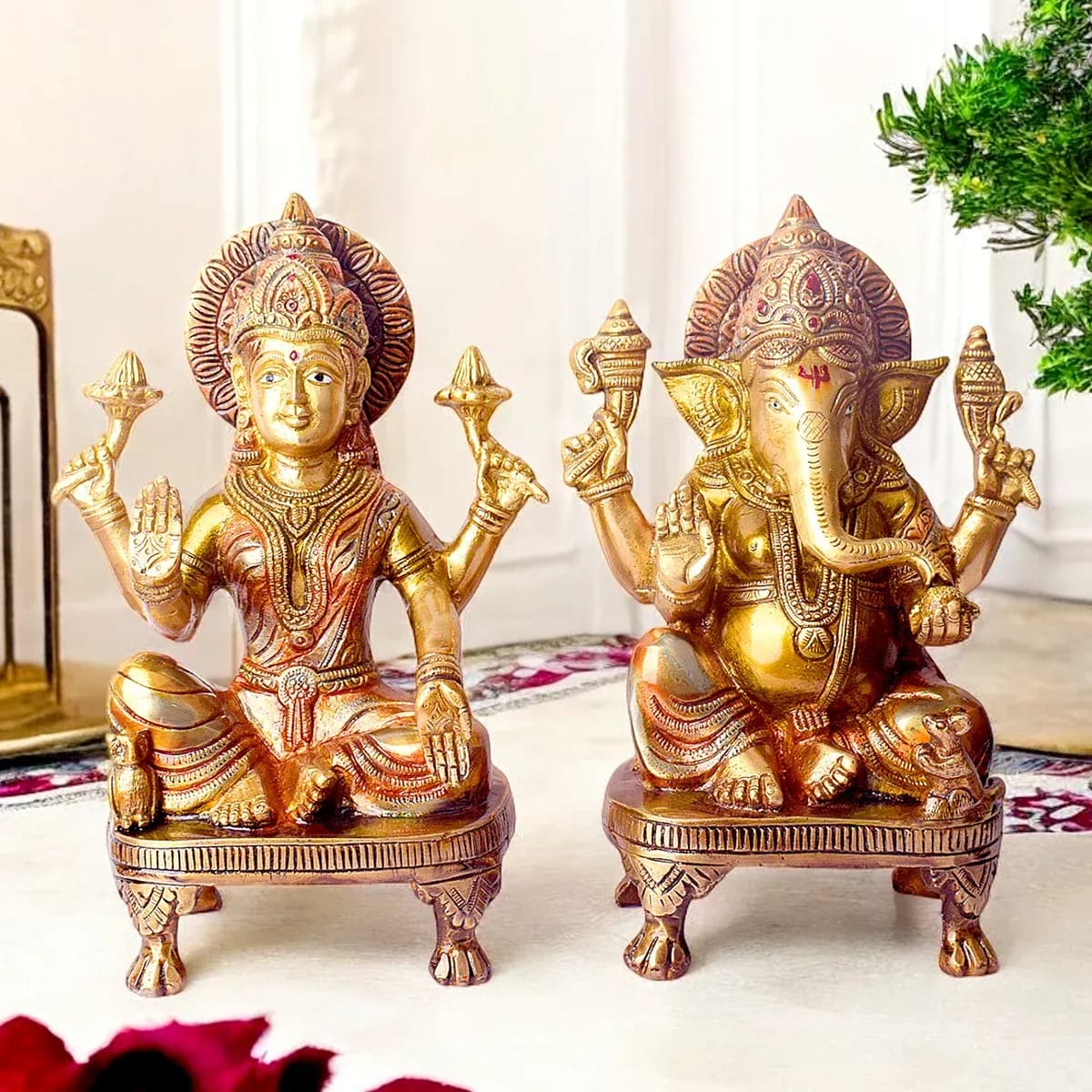 9 Inch Brass Lakshmi Ganesha Idol