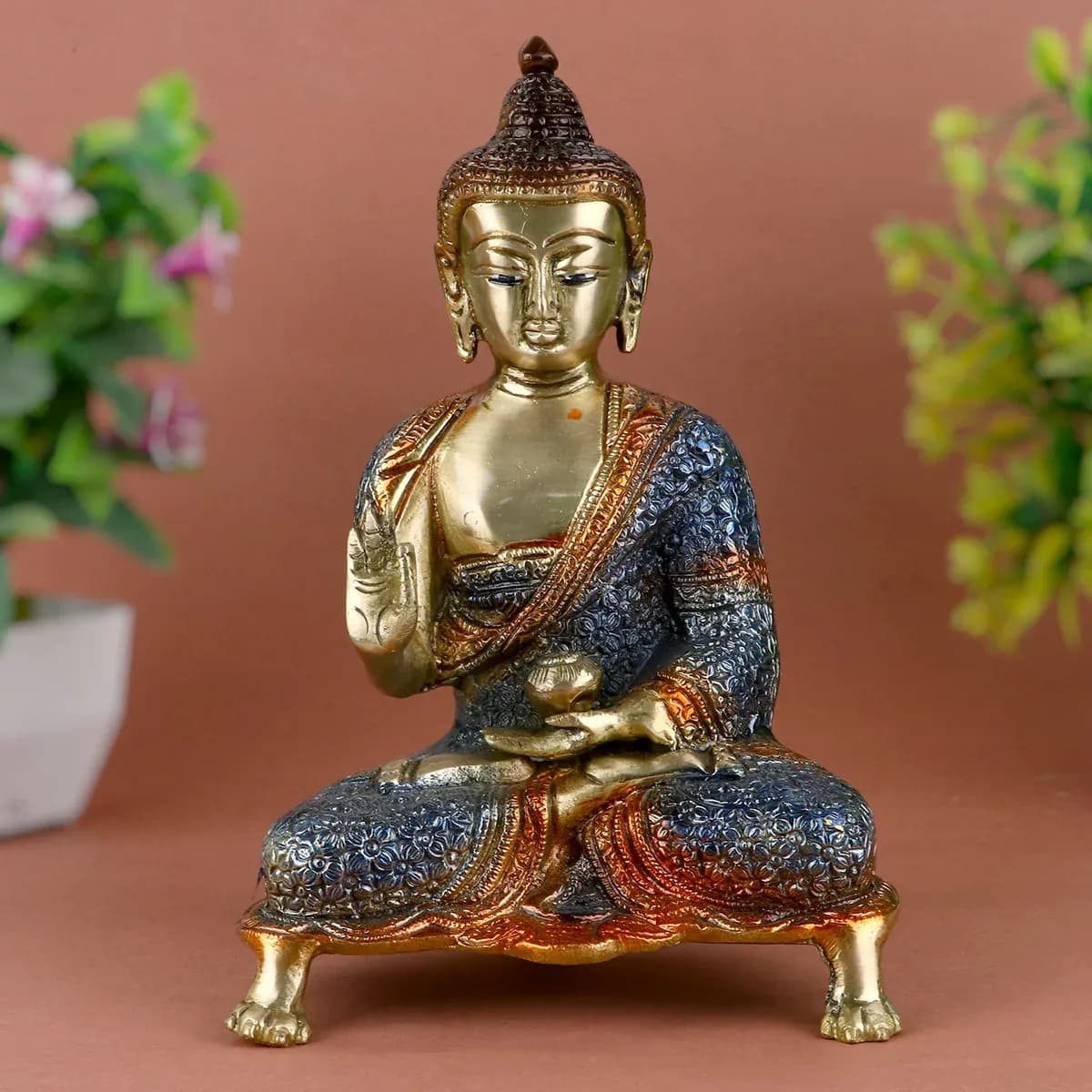 8.3 Inch Brass Buddha Idol, Blue