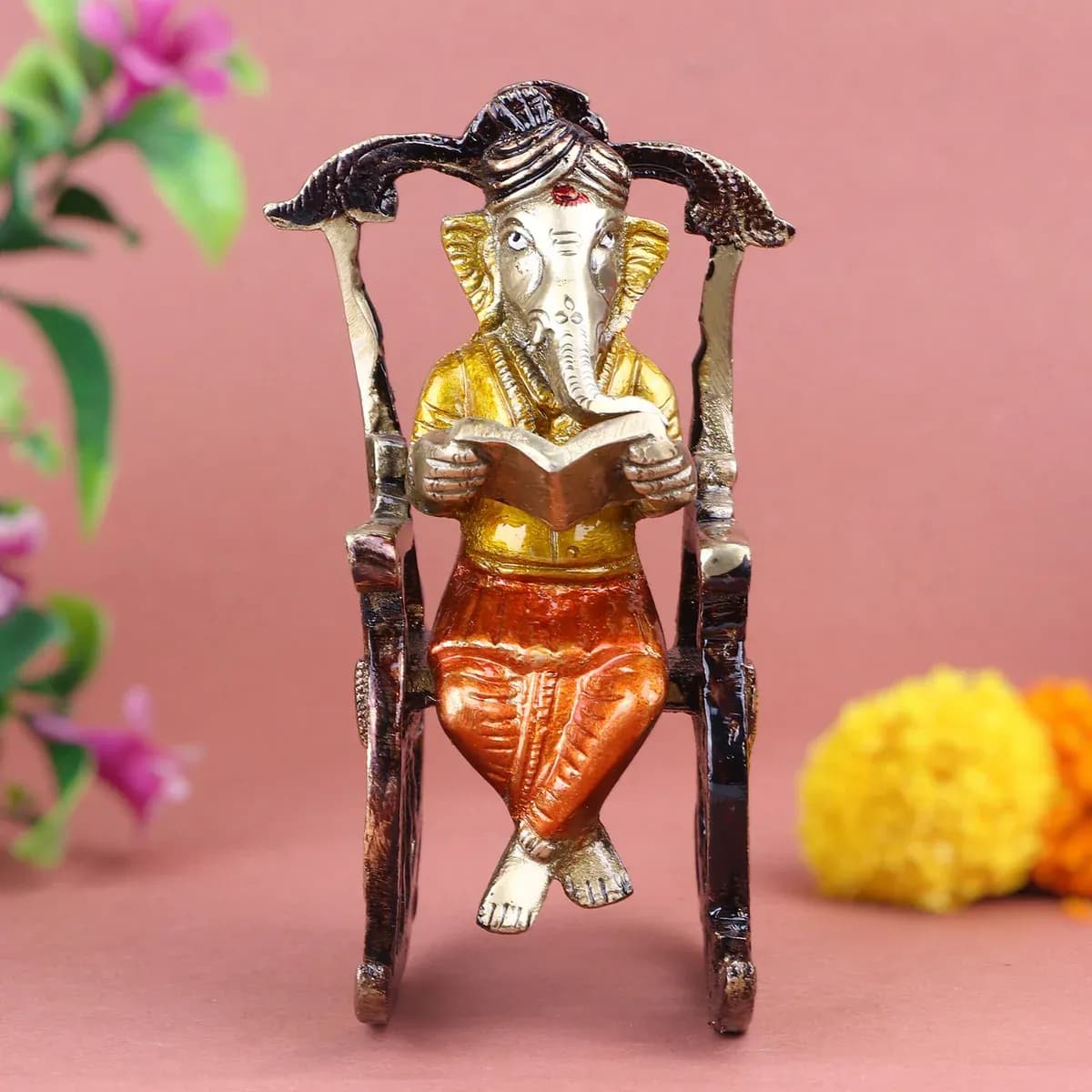 4.5 Inch Pure Brass Reading Book Ganesha Statue