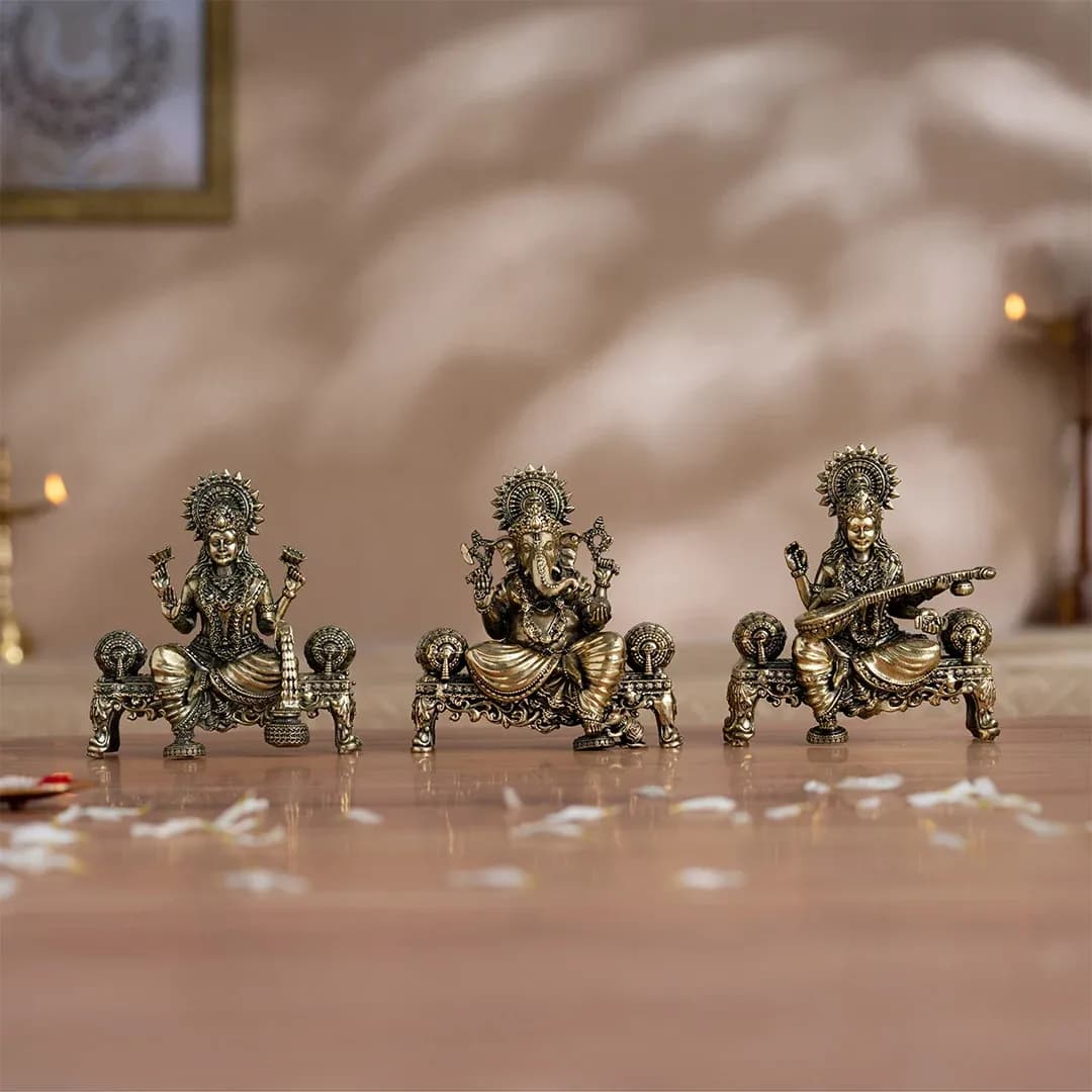 Brass Laxmi Ganesh Saraswati Murti Set (4 Inch)