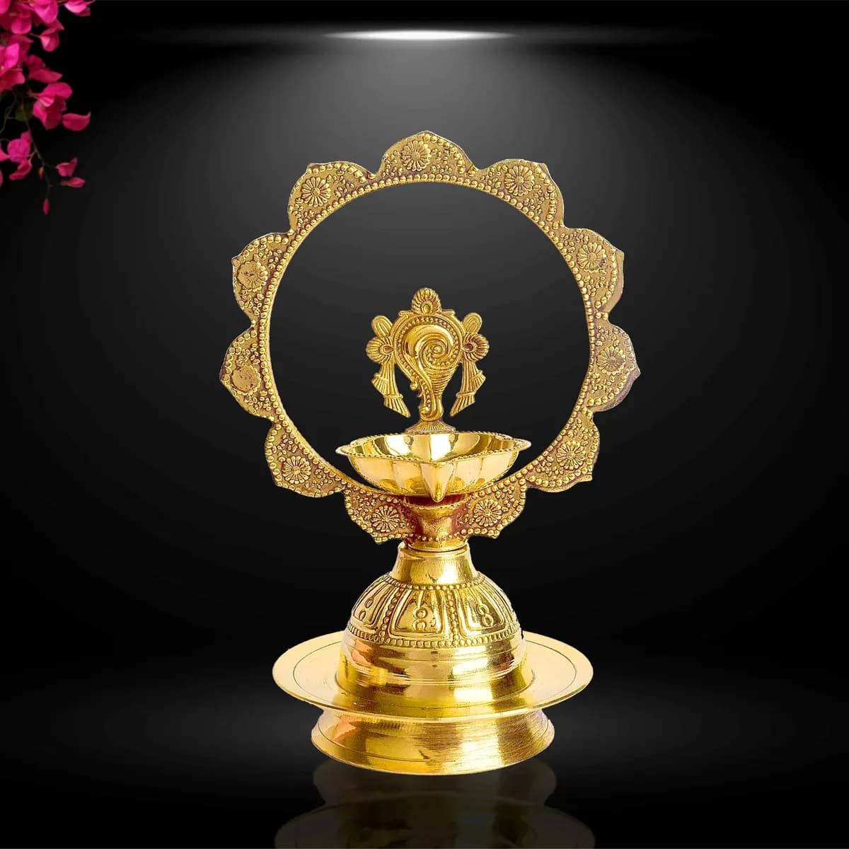 7.5 Inch Embossed Shankh Morkiran Brass Diya