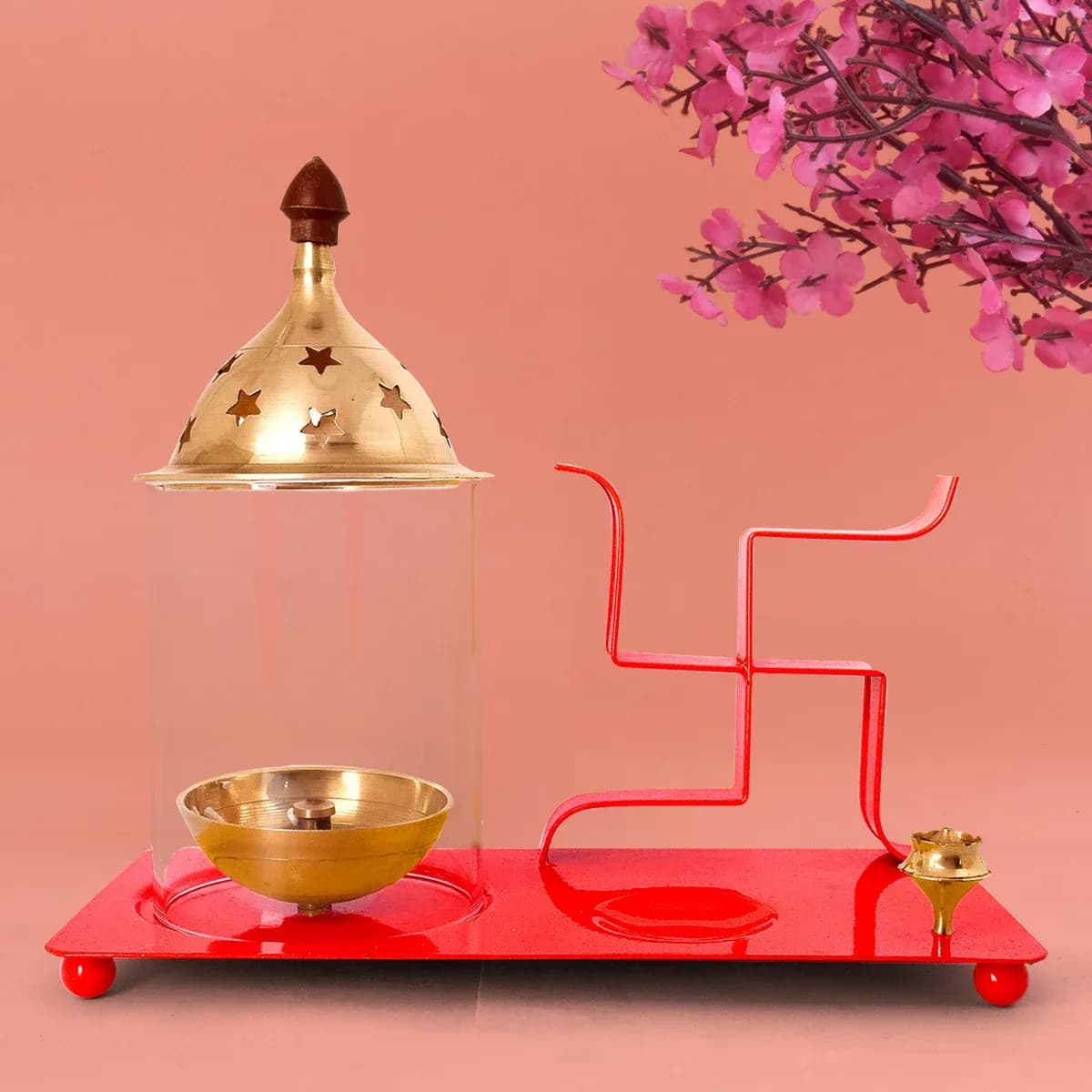 Brass & Metal Swastik Chimney Diya Tray with Incense Holder Large (Red)