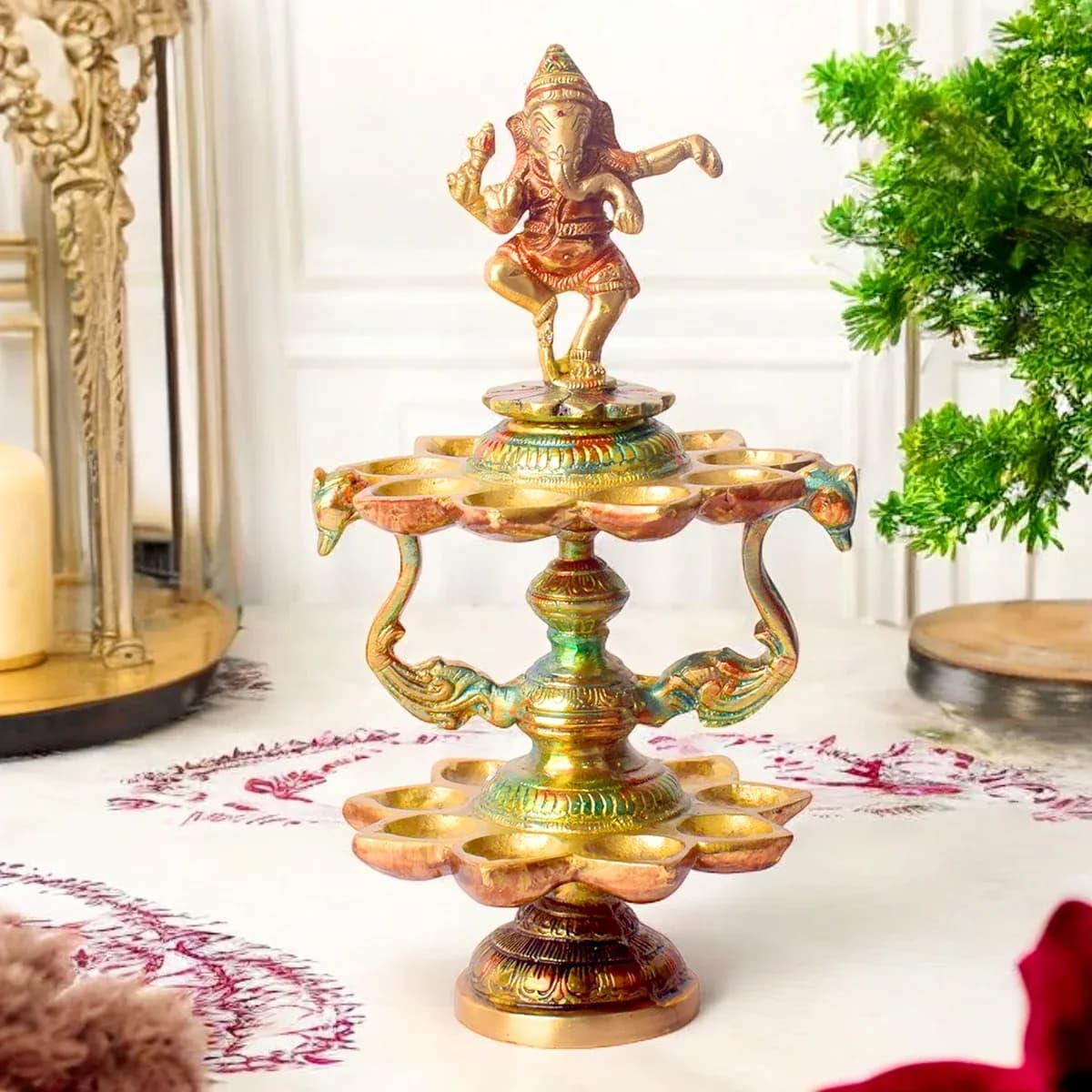 Handcrafted Brass 21 Wick Ganesha Diya - 2 Step Aarti Lamp