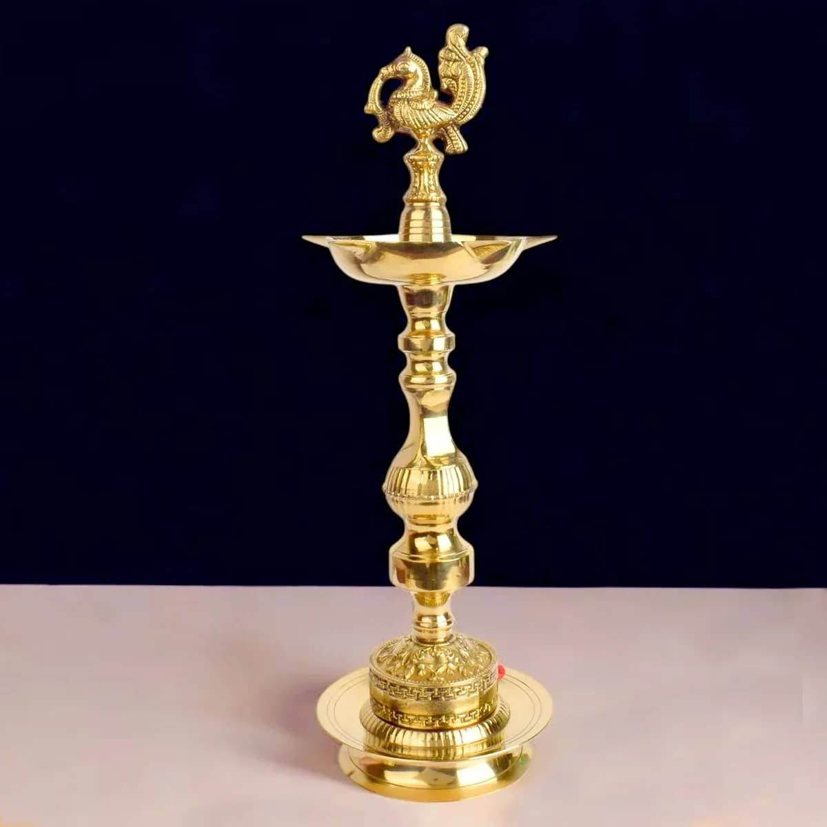 14 Inch Embossed Peacock Kerala Stand - 1 Step Brass Deepam