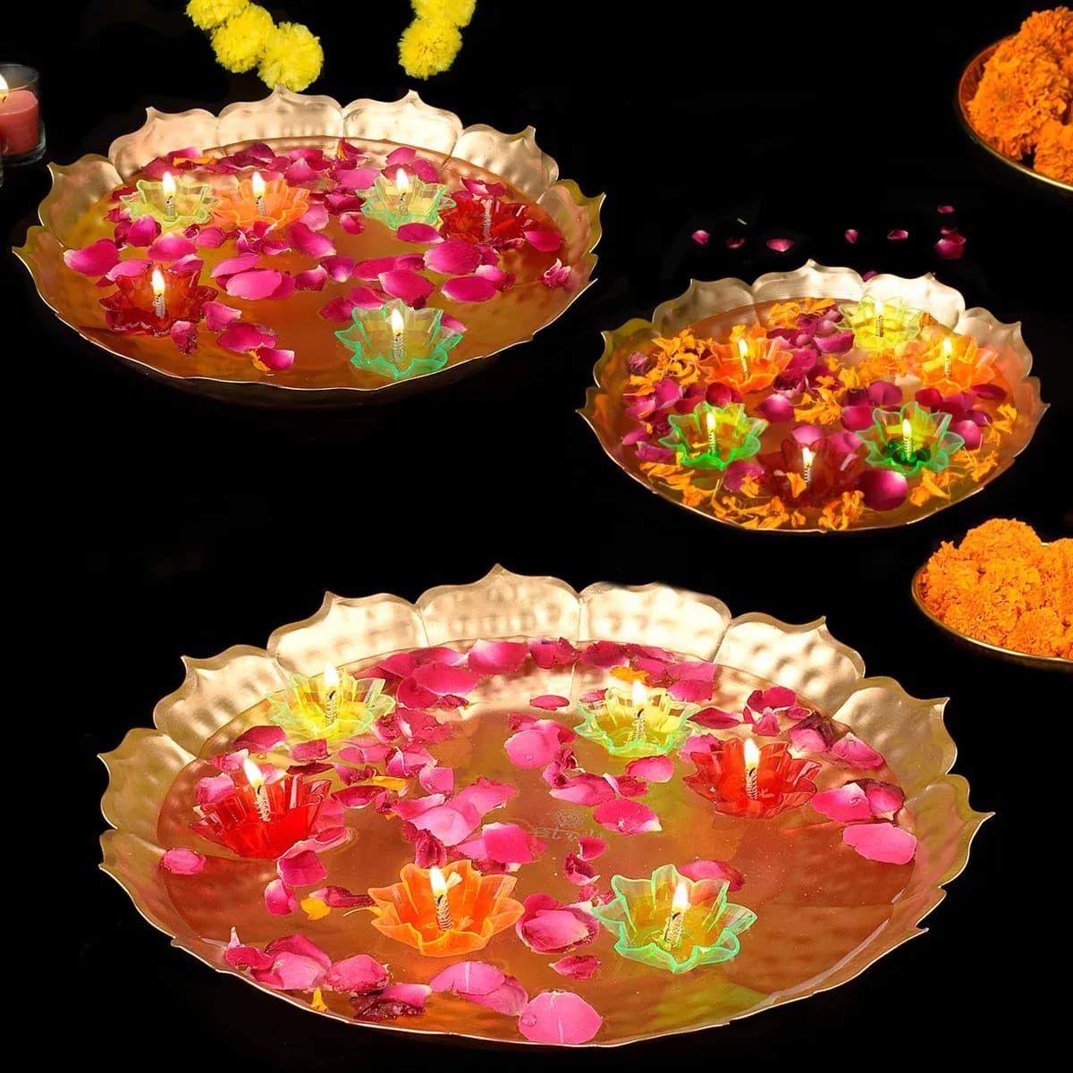 Metal Lotus Shape Urli With Floating Diya (Pack of 3)