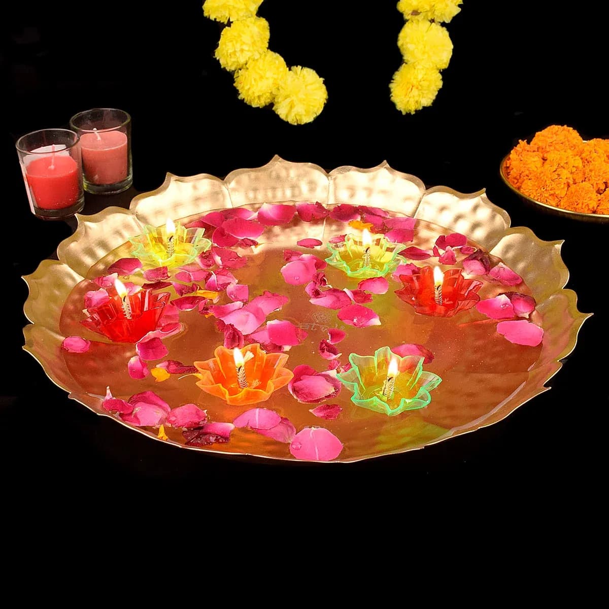 Metal Lotus Shape Urli With Floating Diya