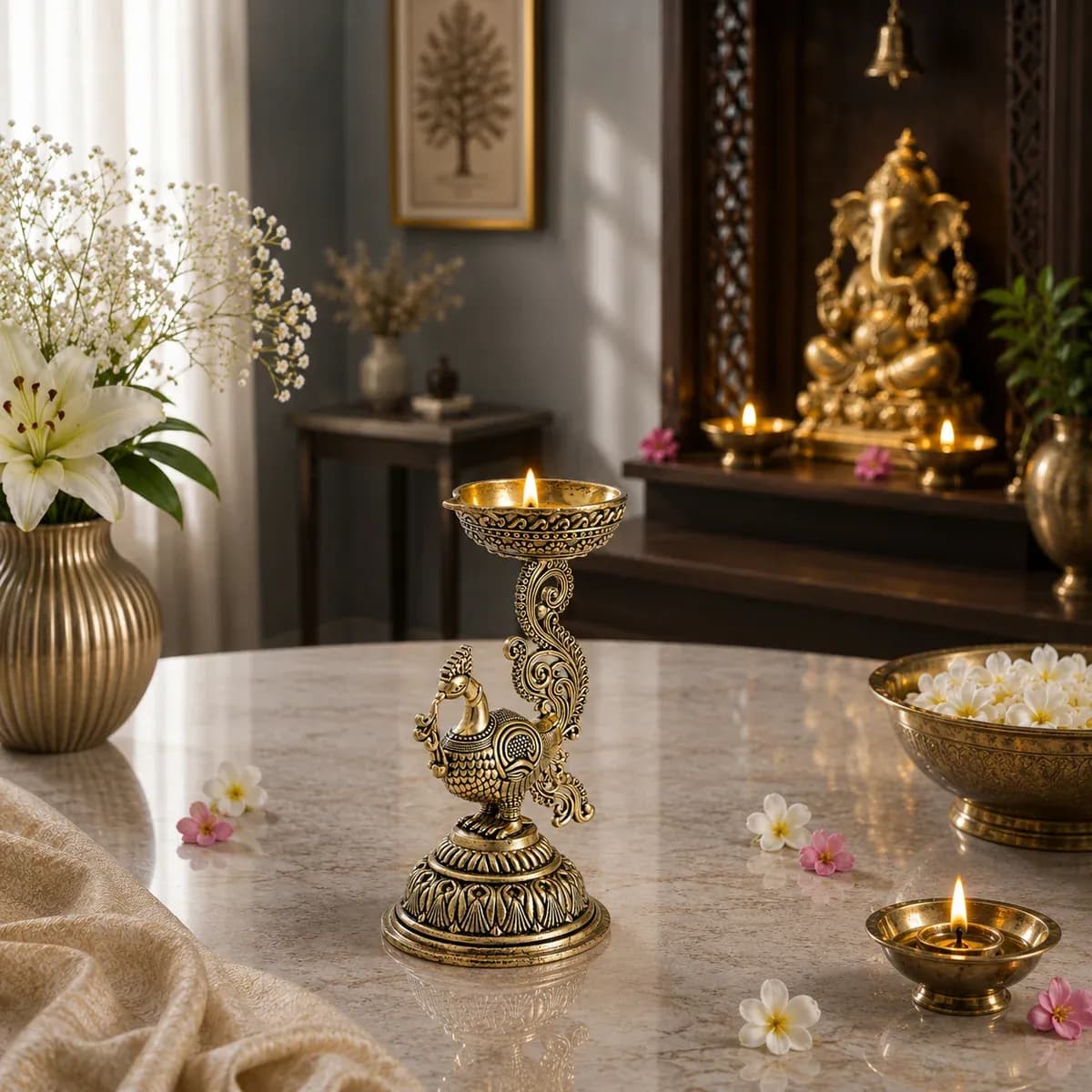 Brass Peacock Standing Diya (5 Inch)