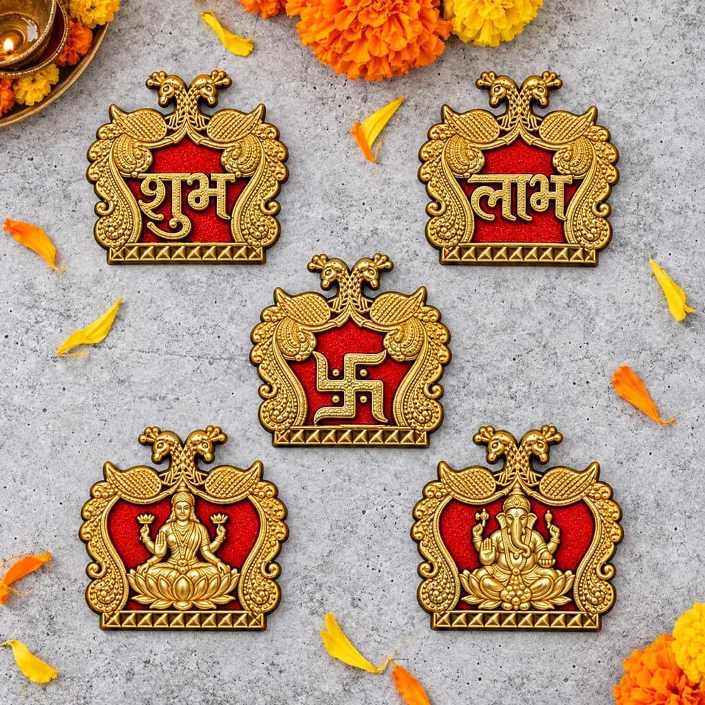 Red & Gold Shubh Labh, Swastik, Laxmi & Ganesh Sticker Set of 5