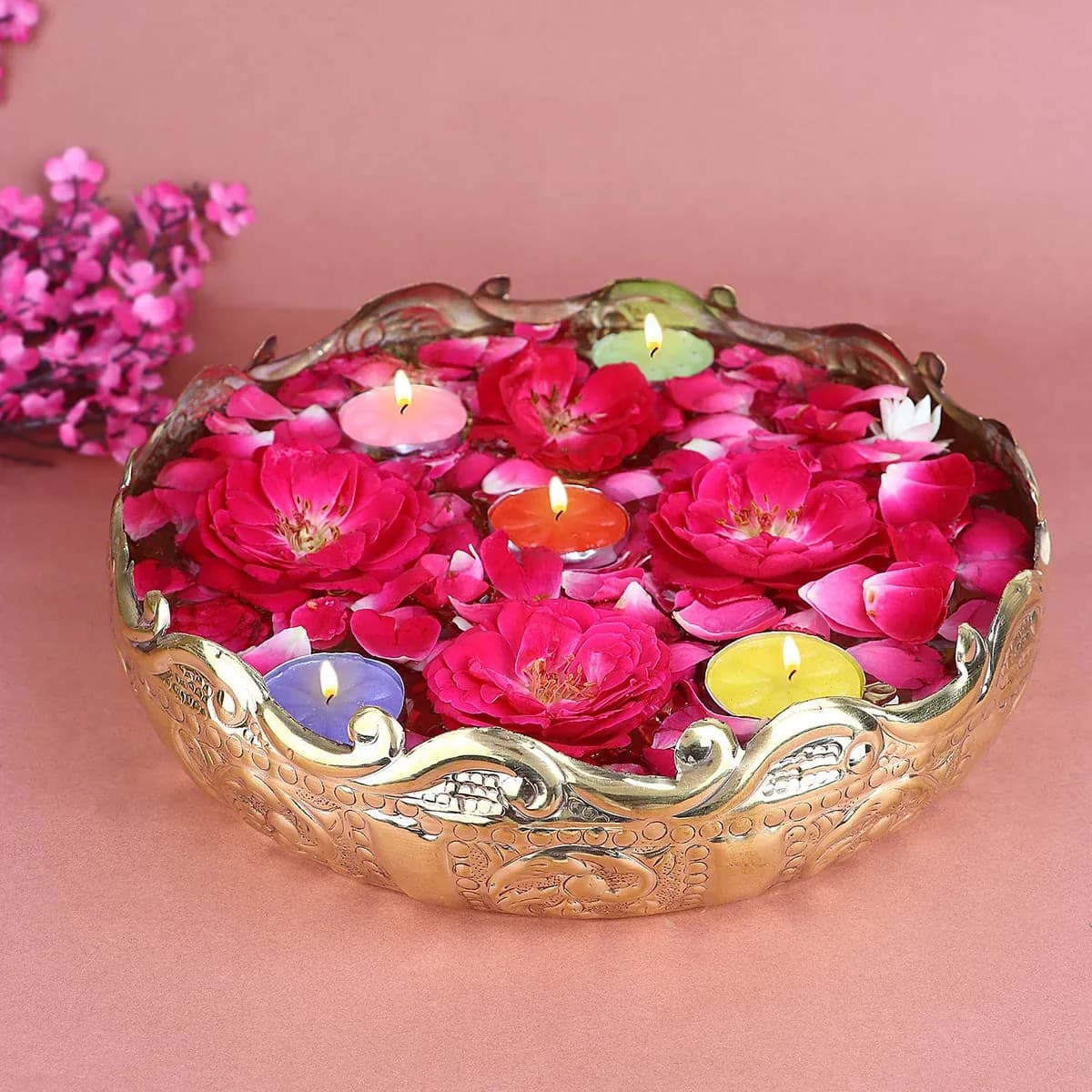 Floral Design Embossed Brass Urli