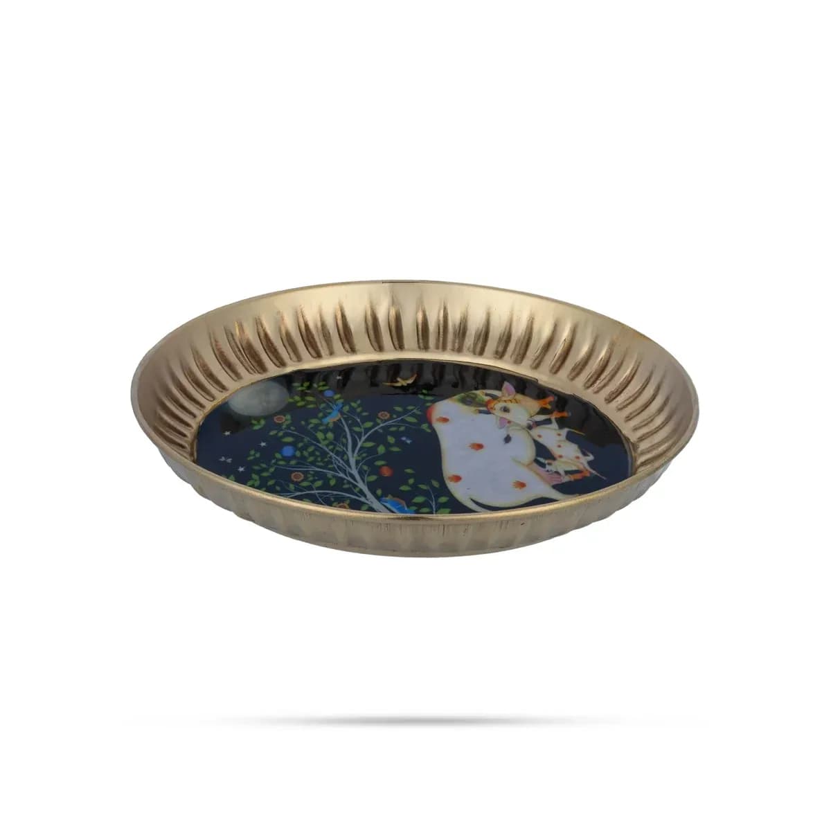 Pichwai Plate - 5 Inches, Cow And Calf Design Brass Plate