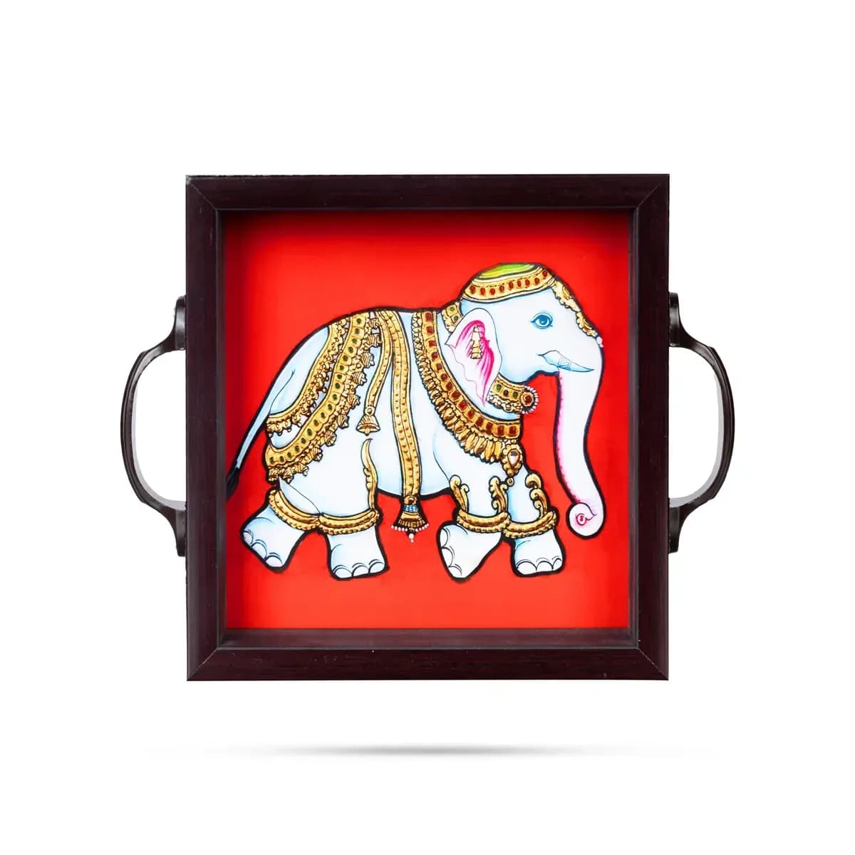Tanjore Glass Painting Wooden Tray - 1.5 X 6 Inches, Elephant Design