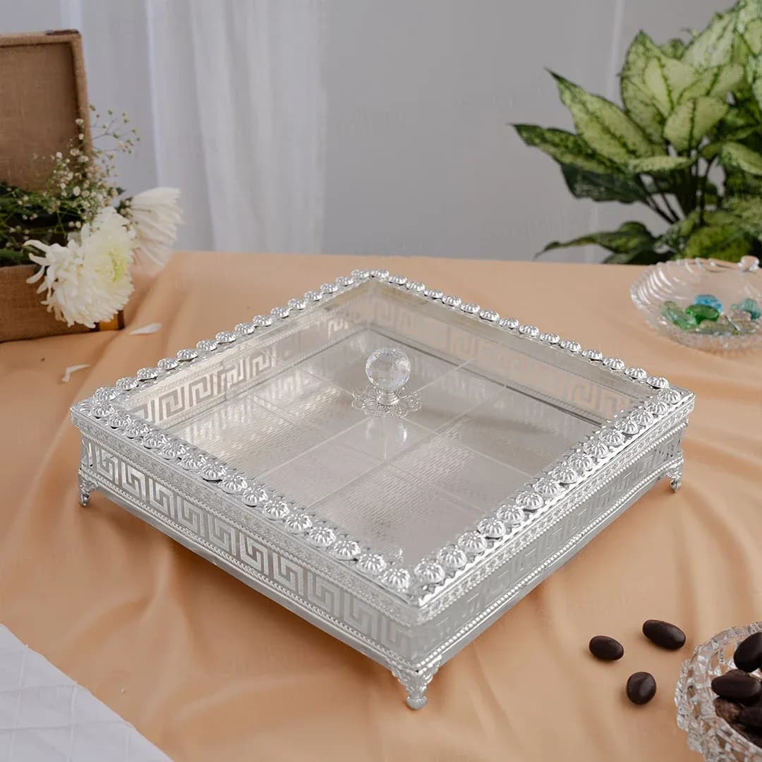 Square Dry Fruit Box With Transparent Lid - German Silver (12 Inch)