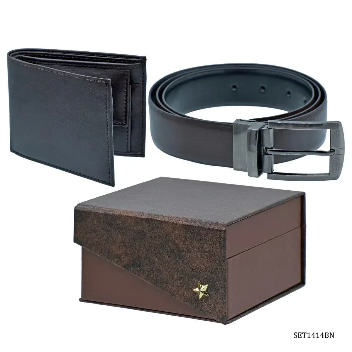 Brown Leather Wallet and Belt Gift Set