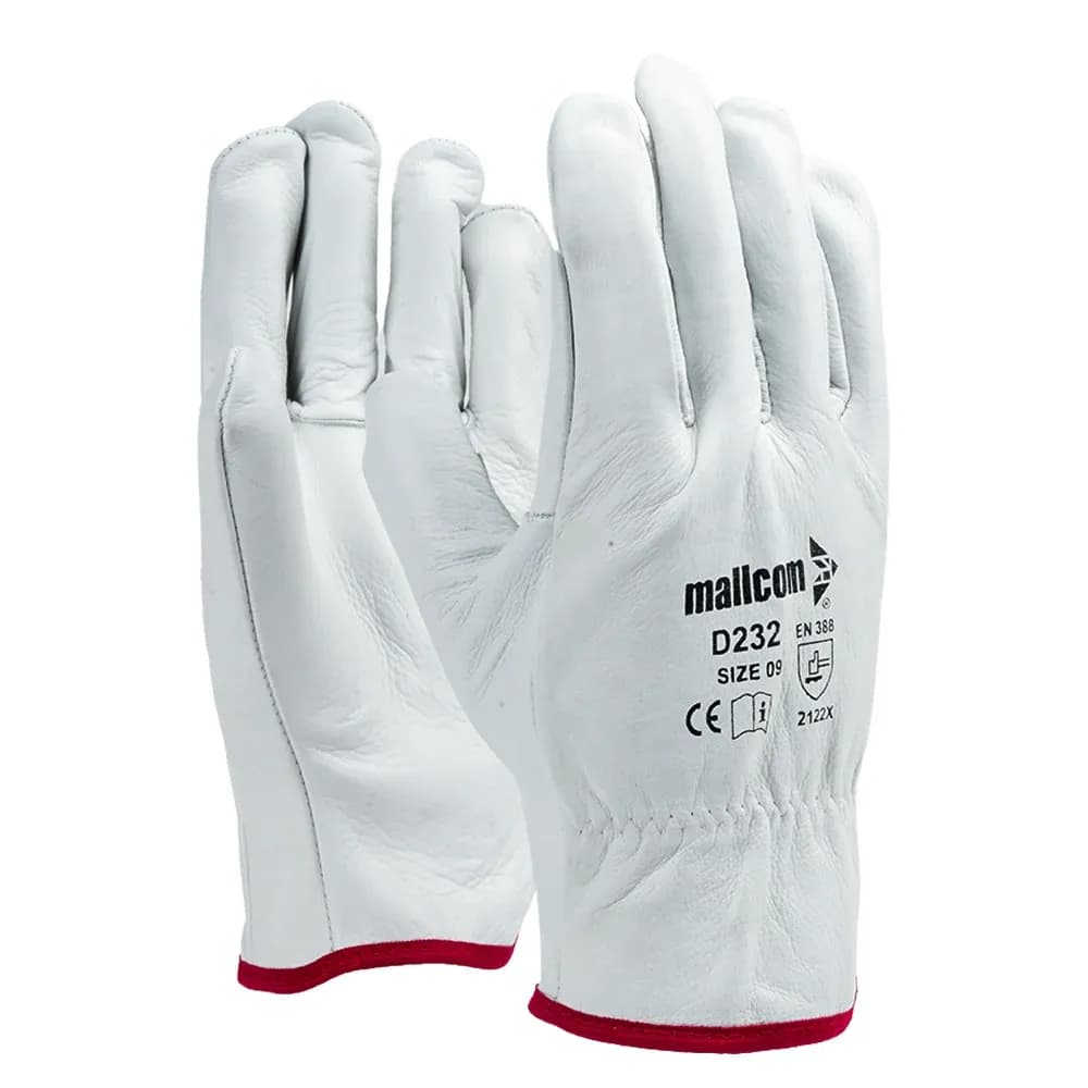 Mallcom D232 White Grain Leather Driver Gloves, Size 8