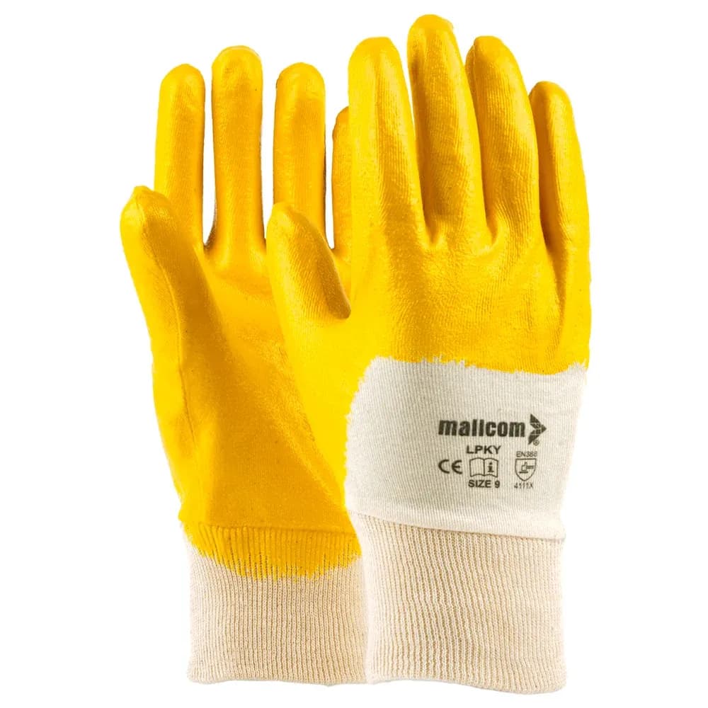 Mallcom LPKY Yellow Nitrile Coated Cotton Gloves, Oil Resistant (Pack of 4 Pairs), Size 8