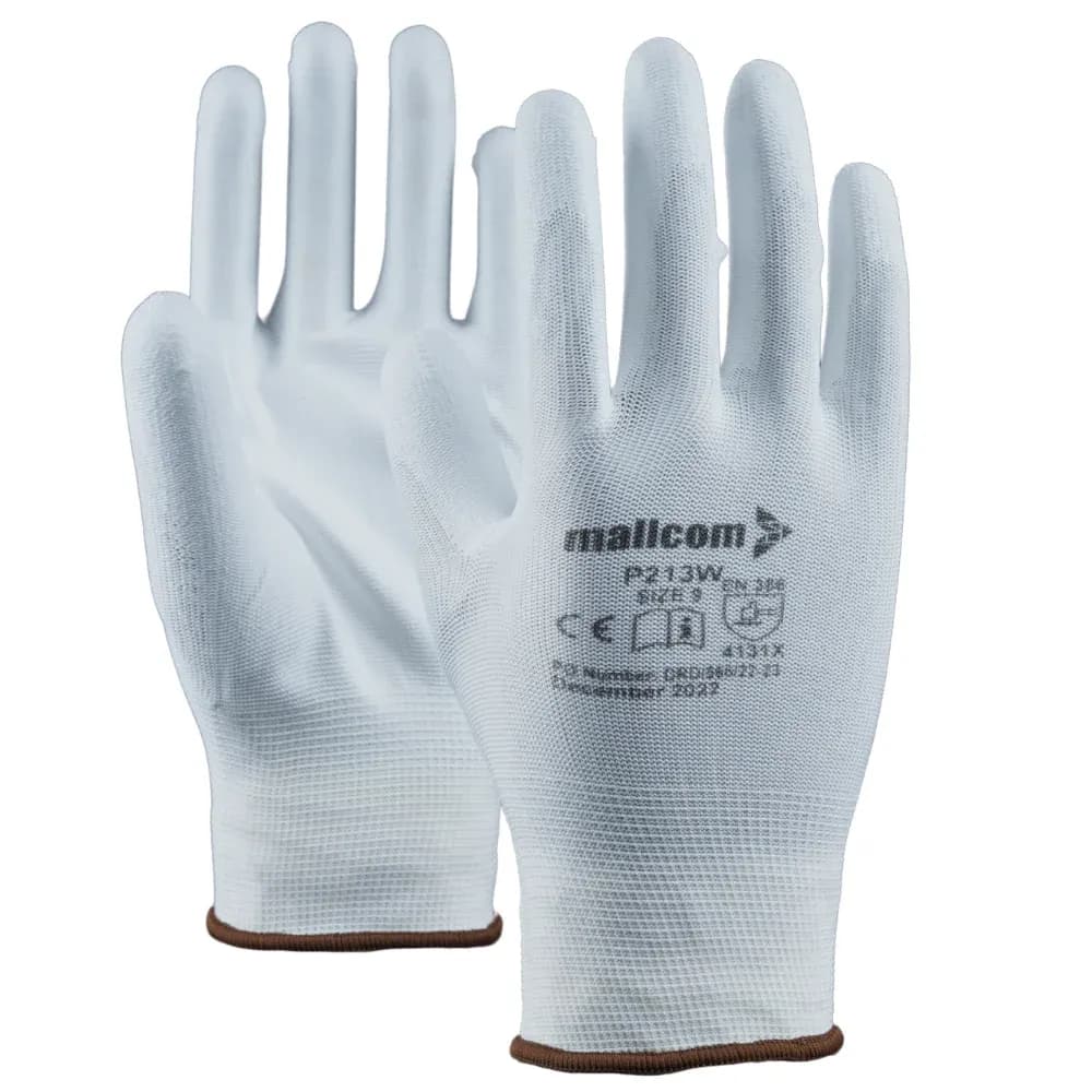 Mallcom P213W PU Coated Work Gloves, White, 13 Gauge Seamless (Pack of 12 Pairs), Size M