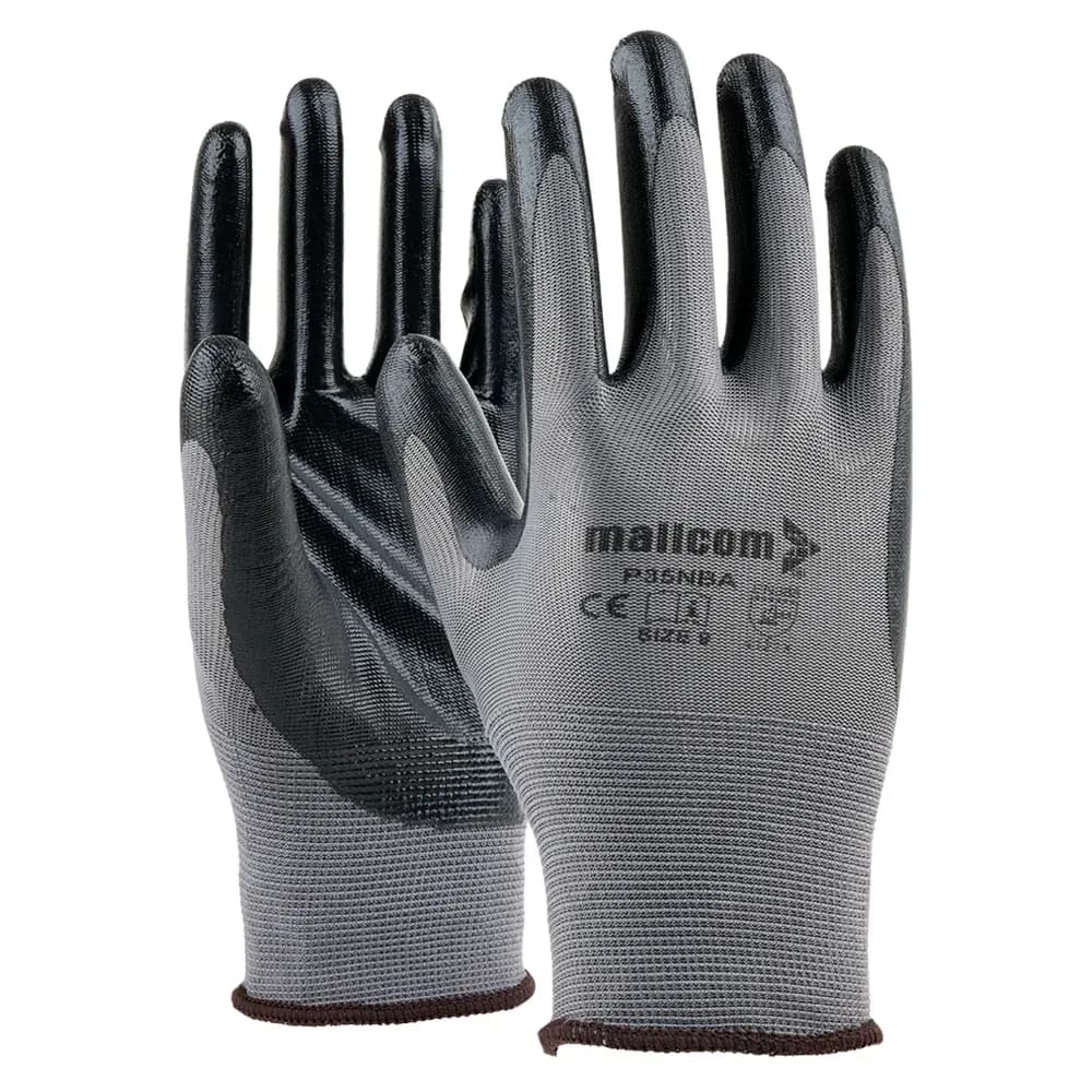 Mallcom P35NBA Nitrile Coated Work Gloves, 15 Gauge (Pack of 12 Pairs), Size 8
