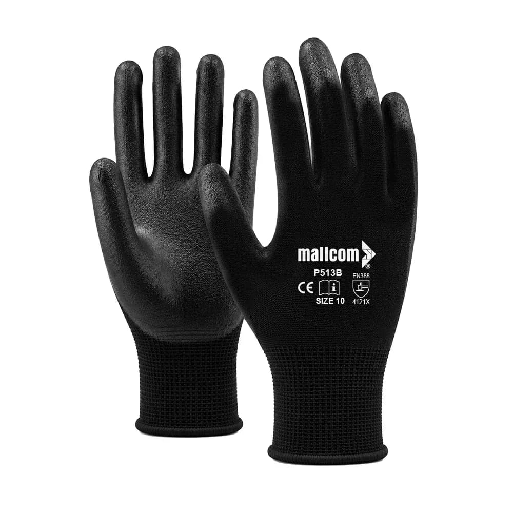 Mallcom P513B PU Coated Work Gloves, Black, 13 Gauge Seamless (Pack of 12 Pairs), Size 10