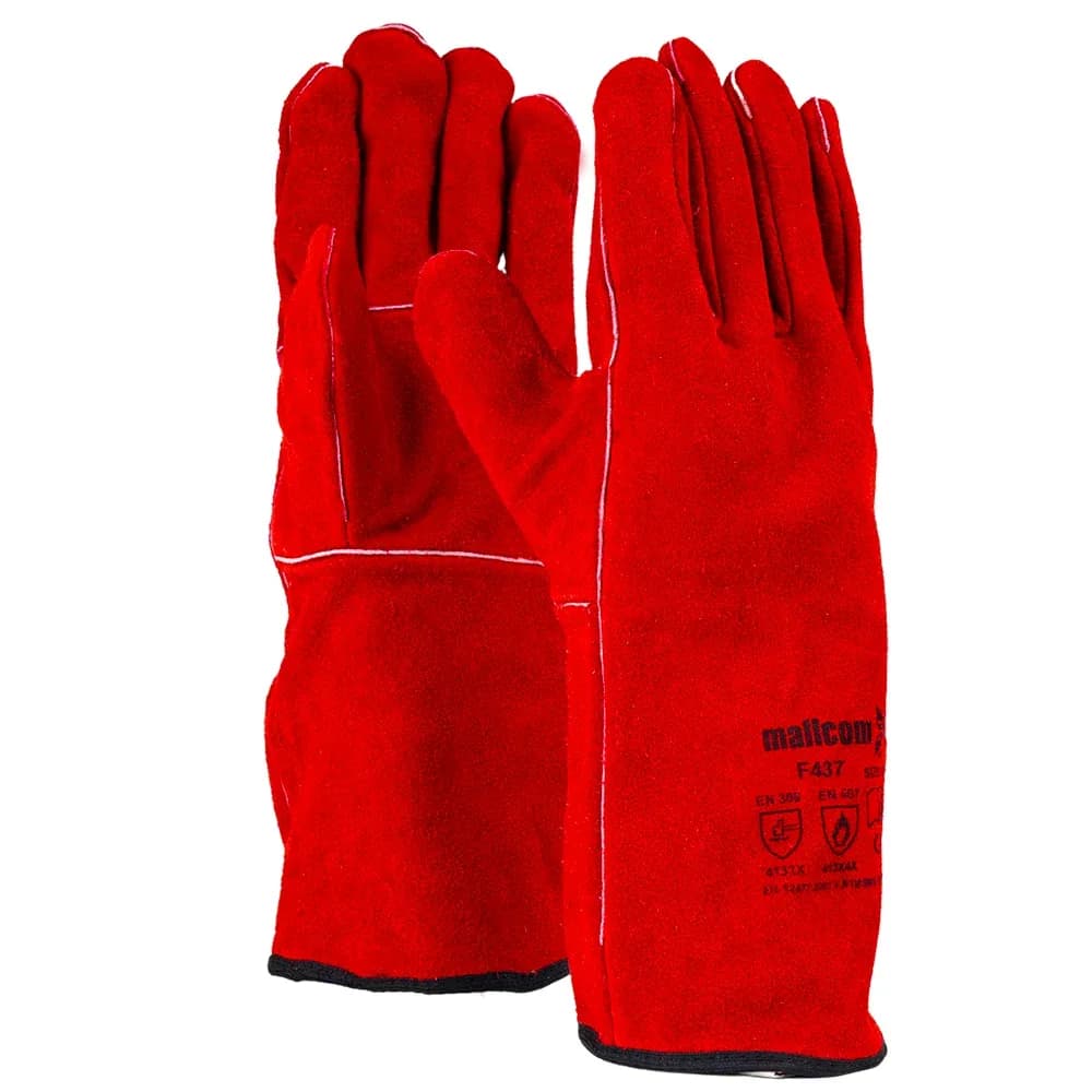Mallcom F437 Red Split Leather Welding Gloves (Pack of 4 Pairs), Size 9